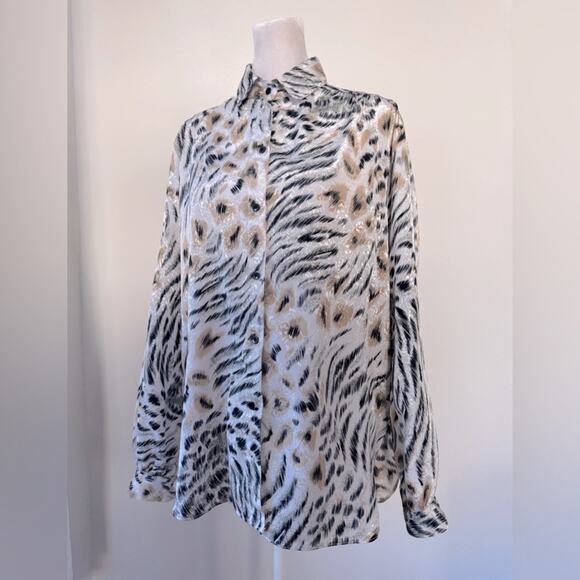 Vintage ‘80s All Hours Tiger Print Relaxed Fit Long Sleeve Button Down Blouse - Picture 2 of 8